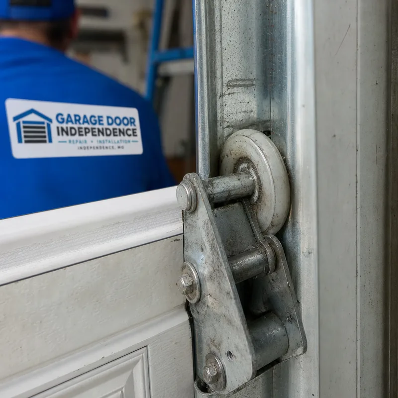Close-up of a garage door roller in its track and hinge attachment point