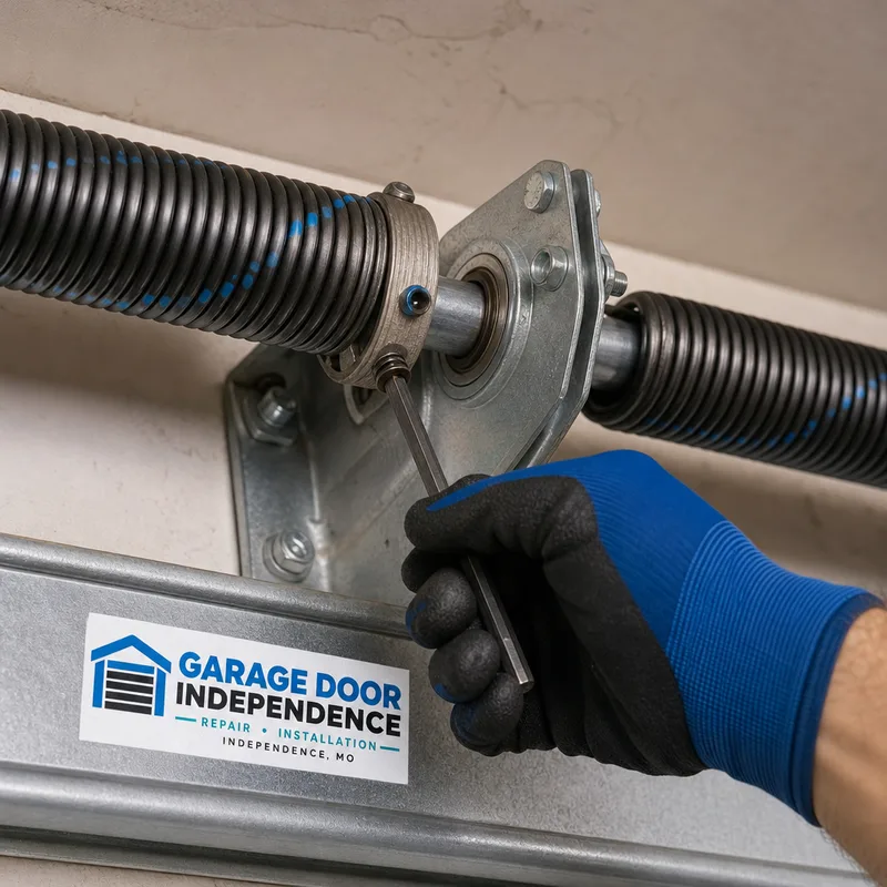 Close-up of a torsion spring and center bearing plate above a sectional garage door