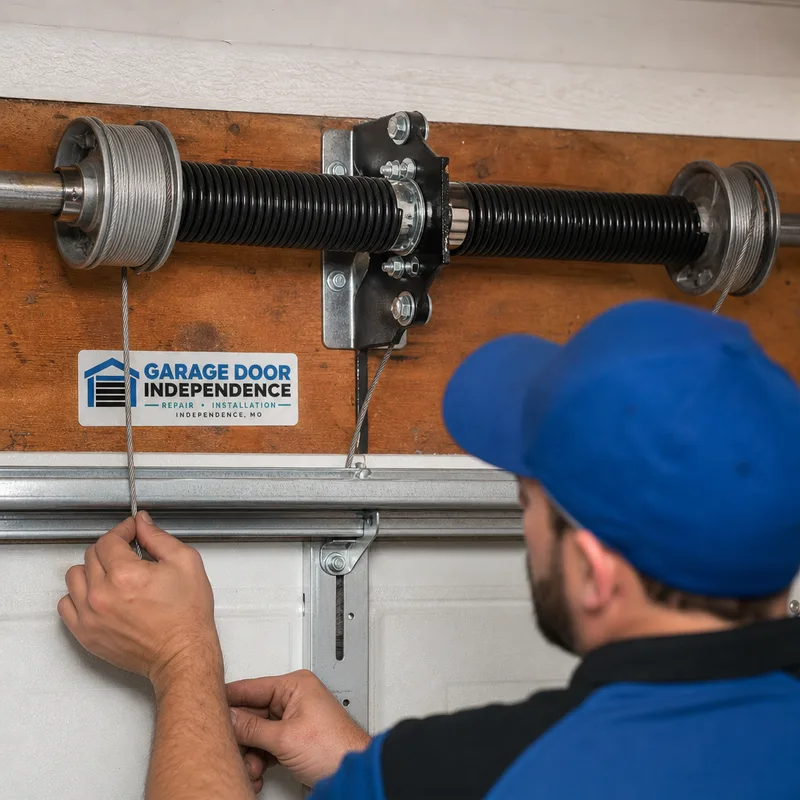 Close-up of torsion spring assembly, cable drums, and seated lift cables above a garage door