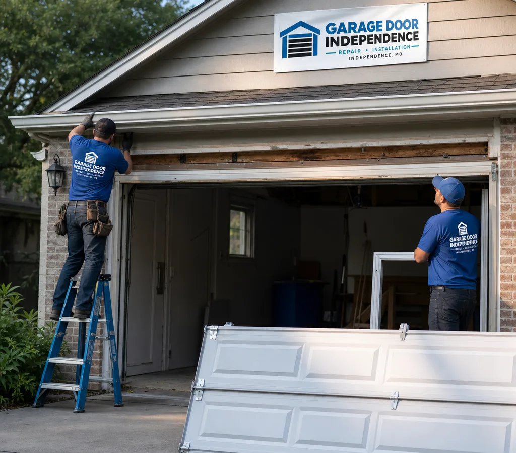 Older residential garage door being removed with a new sectional overhead door staged for installation