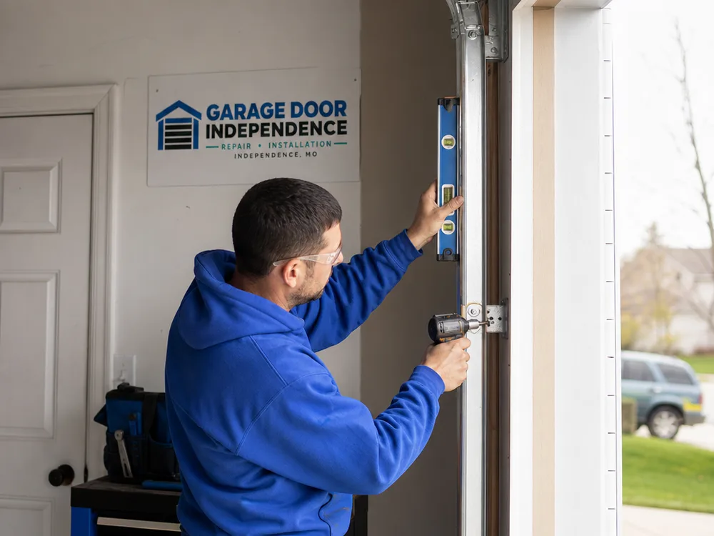 Installer checking garage door track plumb and tightening track brackets on a residential jamb