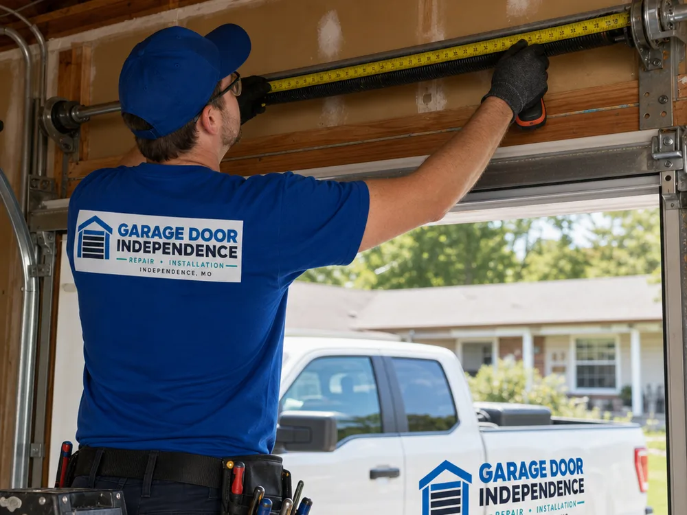 Installer measuring headroom and checking torsion hardware before installing a residential overhead door