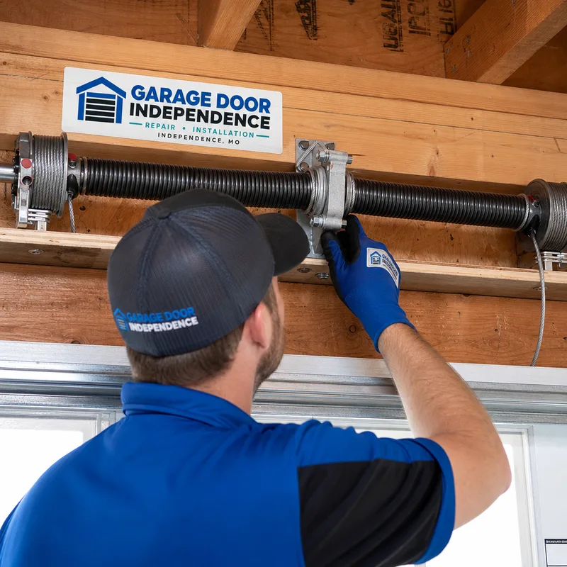 Torsion spring and center bearing plate above a garage door with cables on drums
