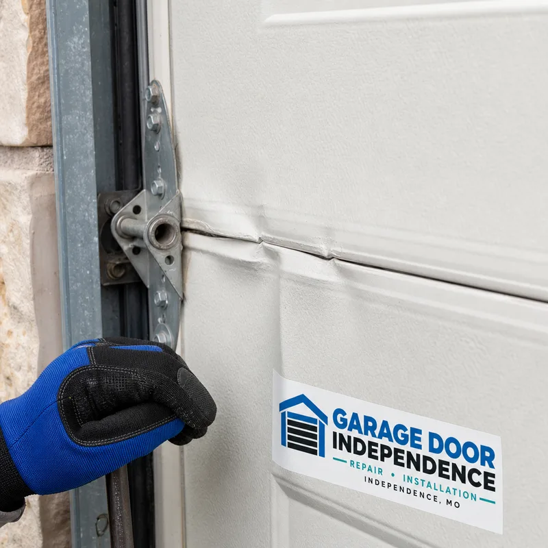 Close-up of a creased steel garage door panel around a hinge location
