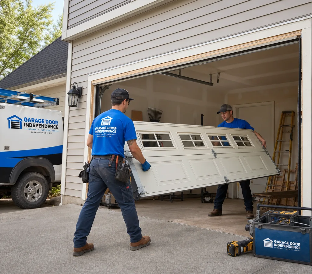 Residential garage door being removed with the door supported and hardware visible