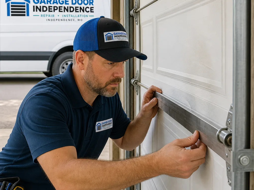 Contractor inspecting a dented sectional garage door panel near the hinges and rollers