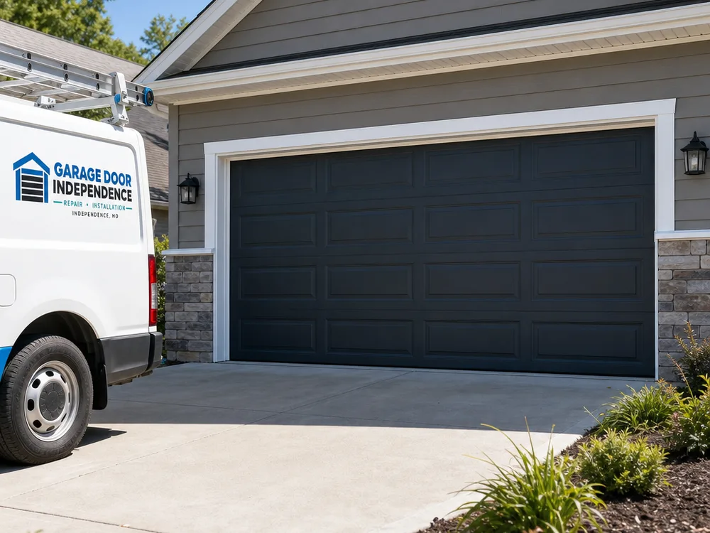 Finished residential sectional garage door with clean perimeter trim and bottom seal
