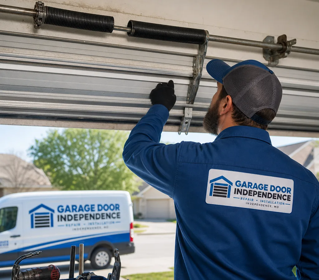 Residential sectional garage door with a visibly broken torsion spring above the door
