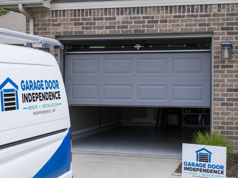 Balanced garage door holding halfway open beneath a torsion spring assembly