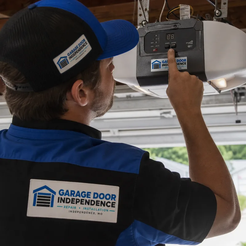 Contractor adjusting garage door opener travel limits and force settings while observing the close cycle