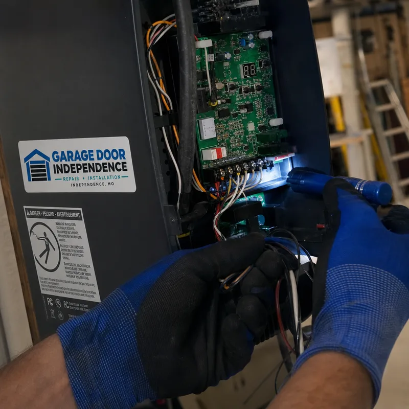 Garage door opener logic board and wire terminals being inspected for loose connections and heat damage