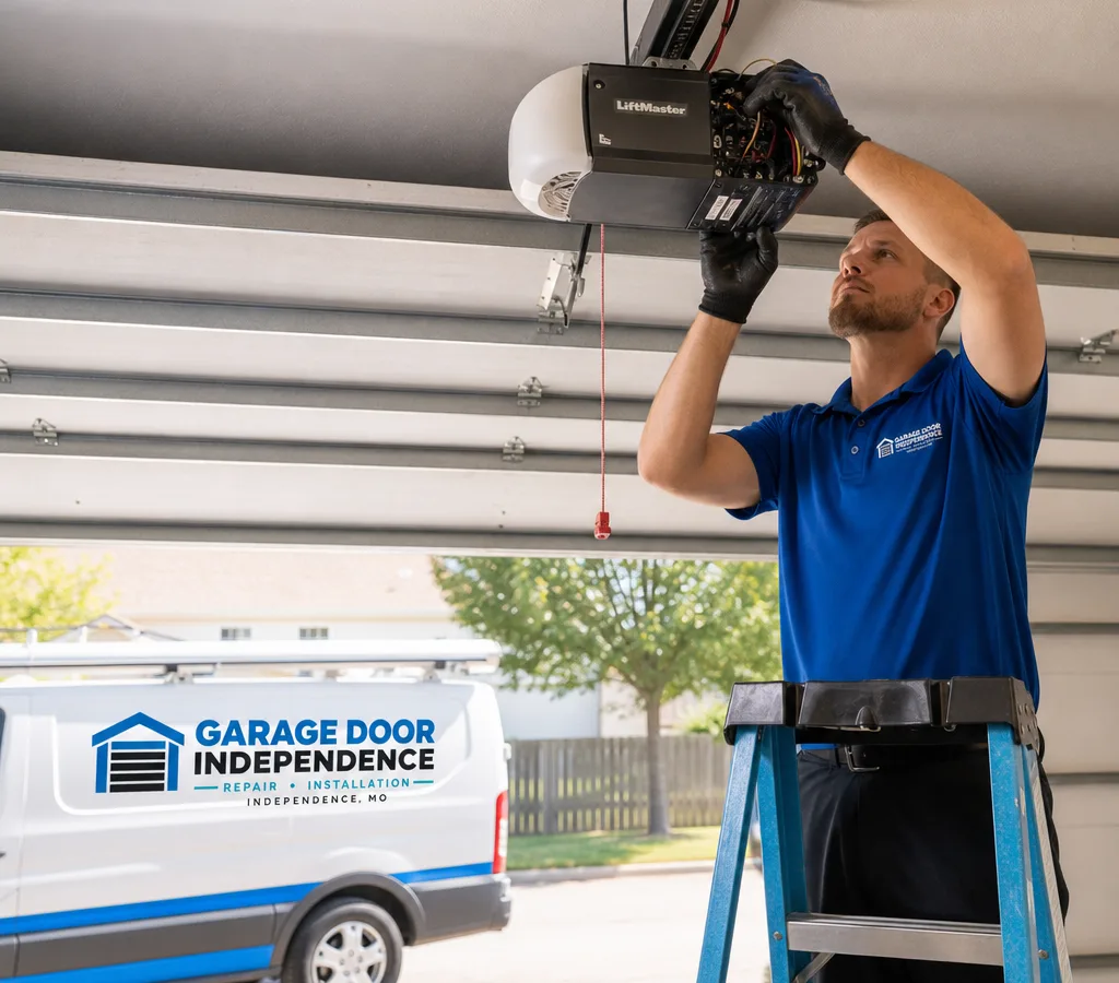 Contractor diagnosing wiring and limits inside a ceiling-mounted residential garage door opener