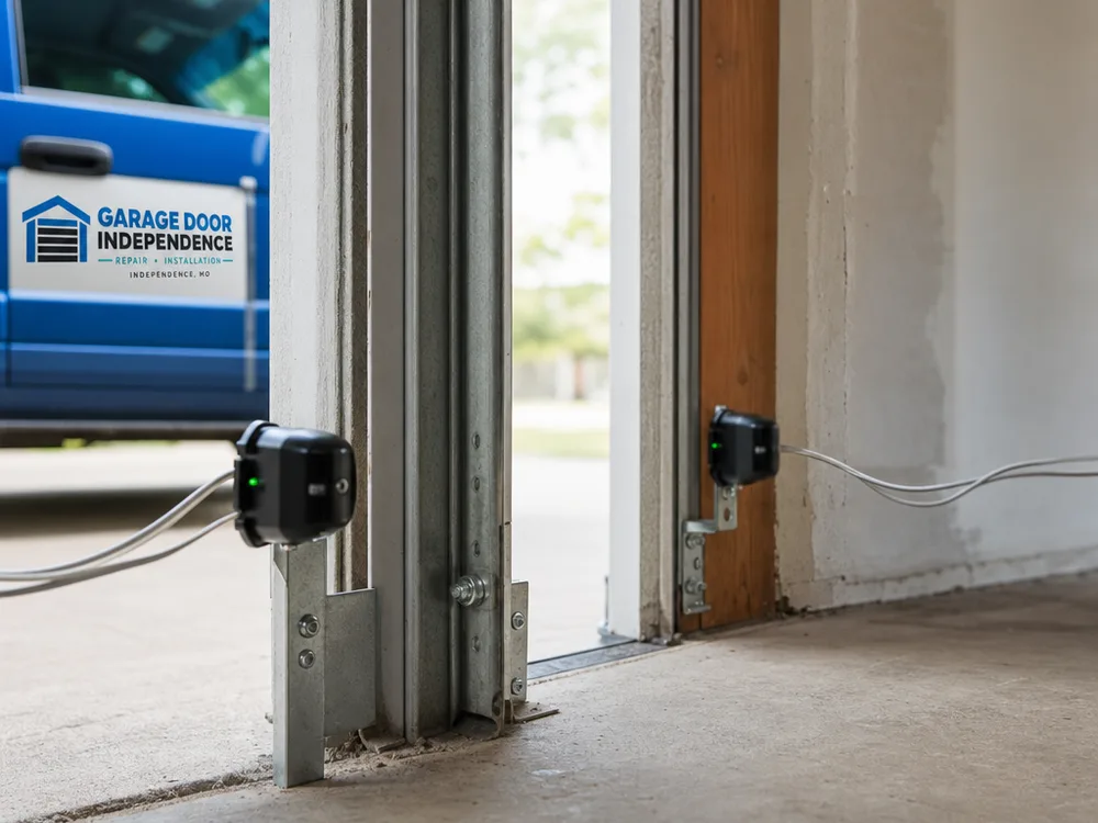 Garage door opener safety sensors aligned across the opening near the floor