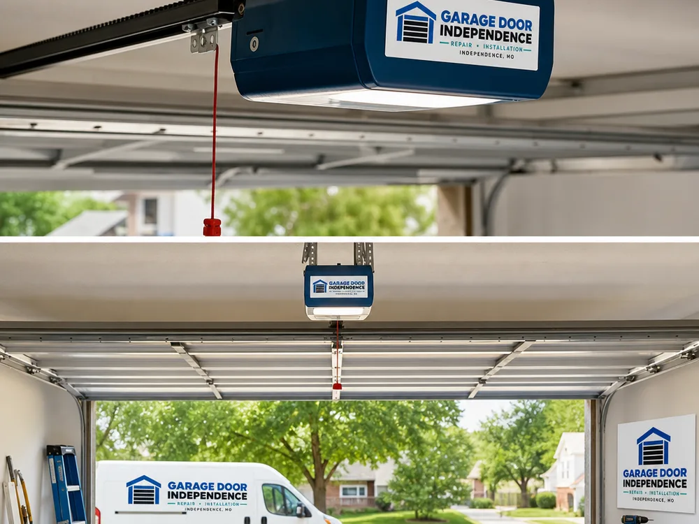 Belt-drive opener installed with a straight rail, proper support, and centered trolley connection