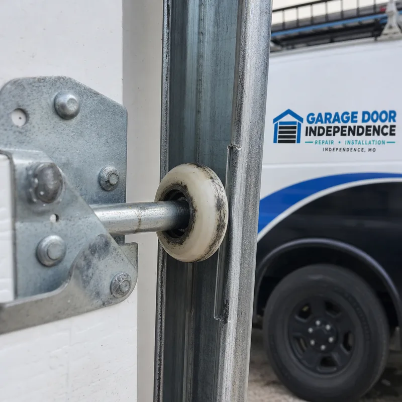 Worn garage door roller partially out of a spread vertical track