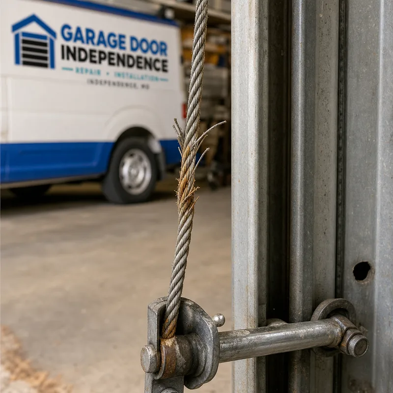 Close-up of a frayed garage door lift cable near a bottom bracket