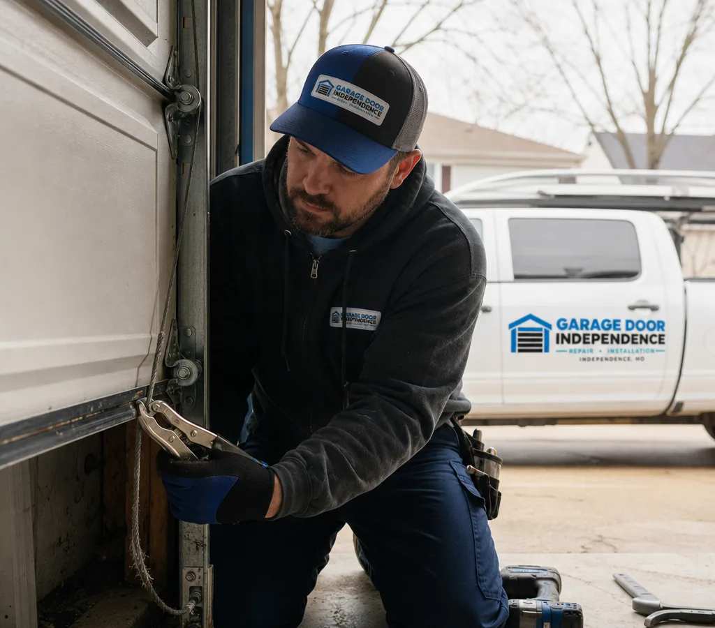 Residential garage door with a frayed lift cable near the bottom bracket as a contractor prepares to secure the door