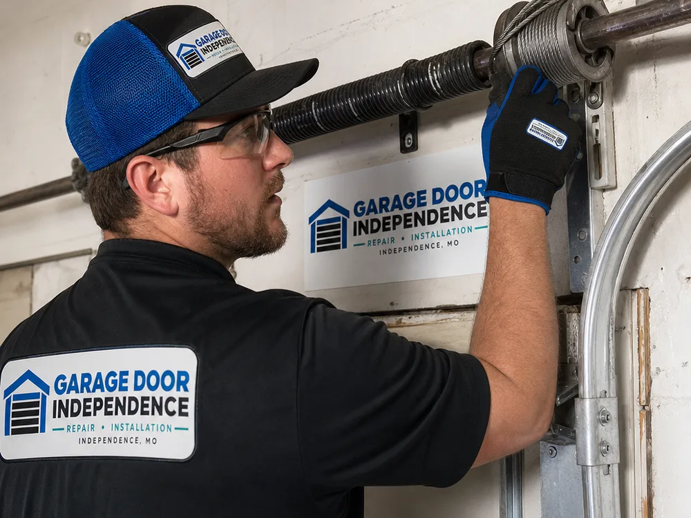 Contractor inspecting a garage door cable drum with the cable seated in its grooves