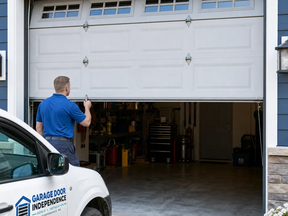 Garage door centered in its opening with taut cables, aligned tracks, and seated rollers