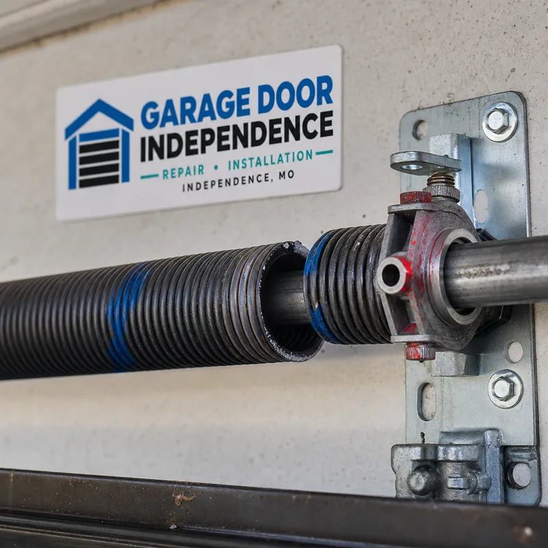 Commercial roll-up door torsion spring assembly on a barrel with a visible separation and winding cones