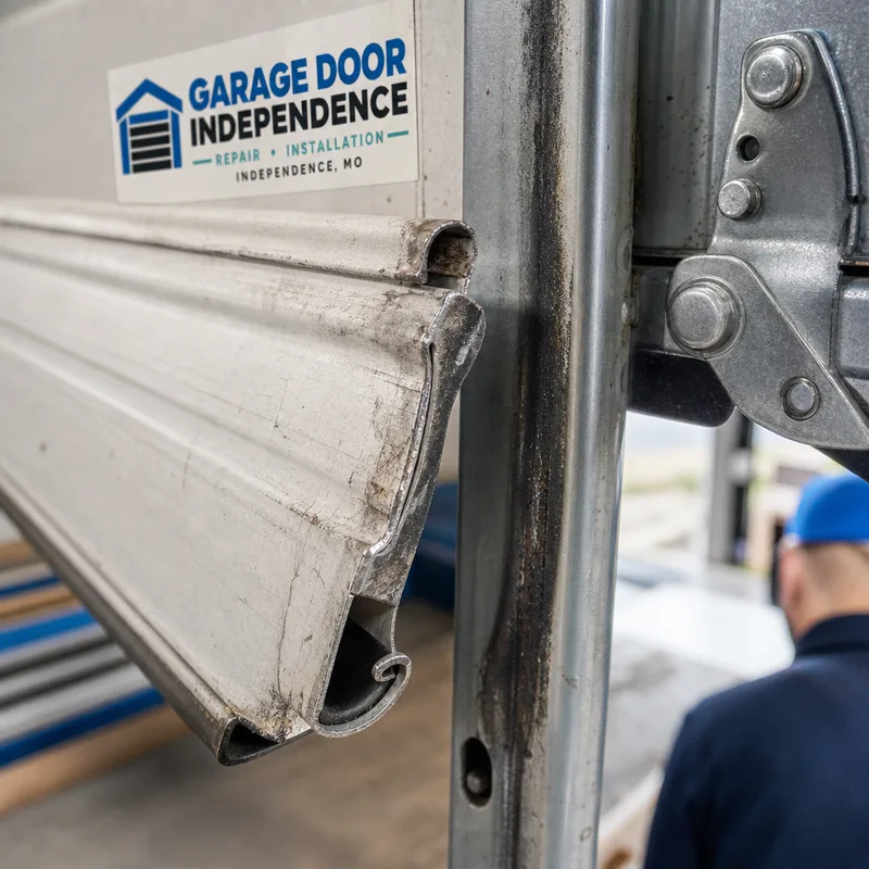 Dented roll-up door slat and damaged endlock with rubbing marks where it binds in the guide