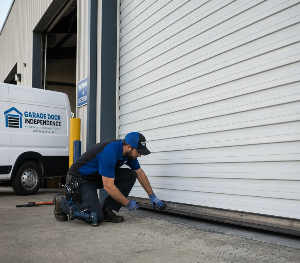Commercial roll-up steel door at a warehouse loading bay with a contractor inspecting the bottom bar and guides