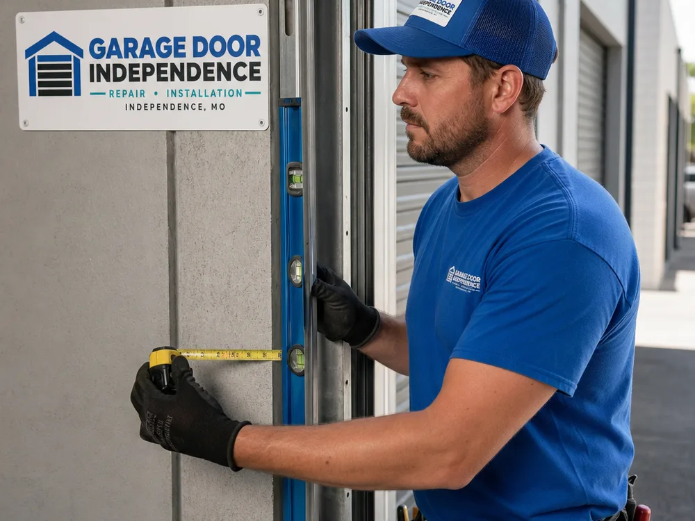 Contractor checking commercial roll-up door guide alignment and opening squareness with a level and measuring tape