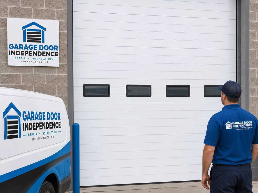 Commercial overhead sectional door aligned evenly at the header with intact weather seal and straight vertical tracks