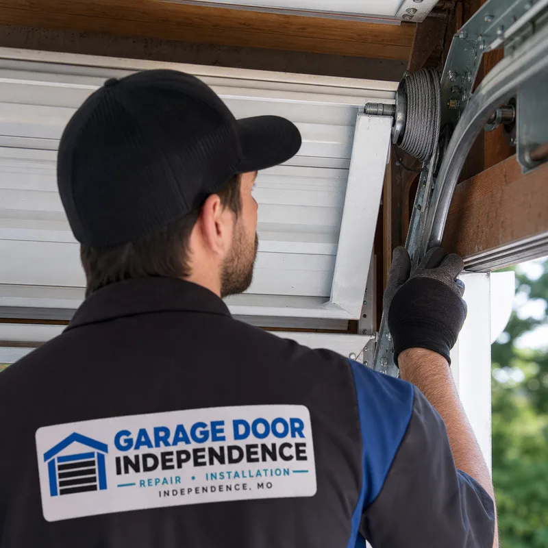 Technician checking a garage door lift cable and drum for alignment