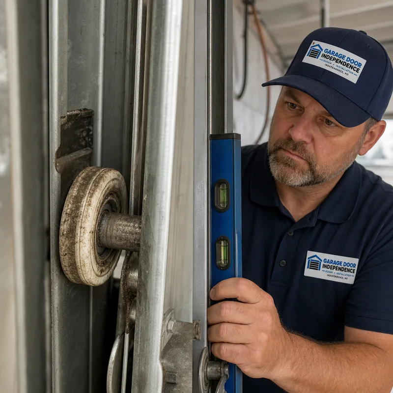 Technician inspecting worn garage door rollers and vertical track alignment