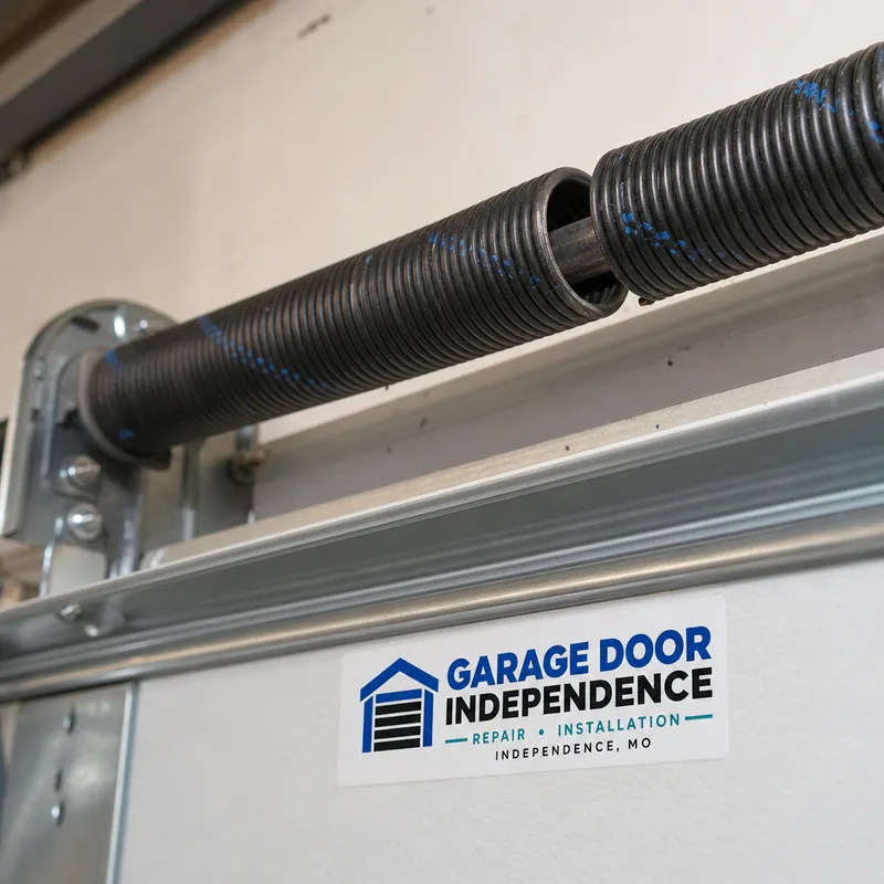 Broken torsion spring with a visible gap in its coil above a garage door