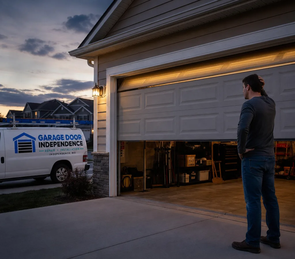 Residential garage door partially open at dusk during a stuck-door situation