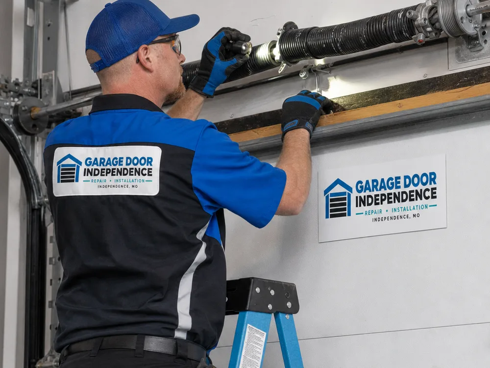 Garage door contractor inspecting a secured torsion spring and cable system