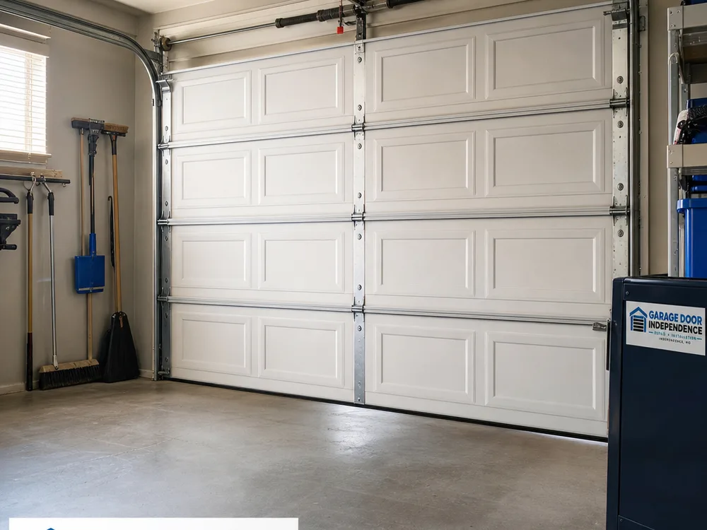 Garage door fully closed, level, and aligned at the bottom seal after repair