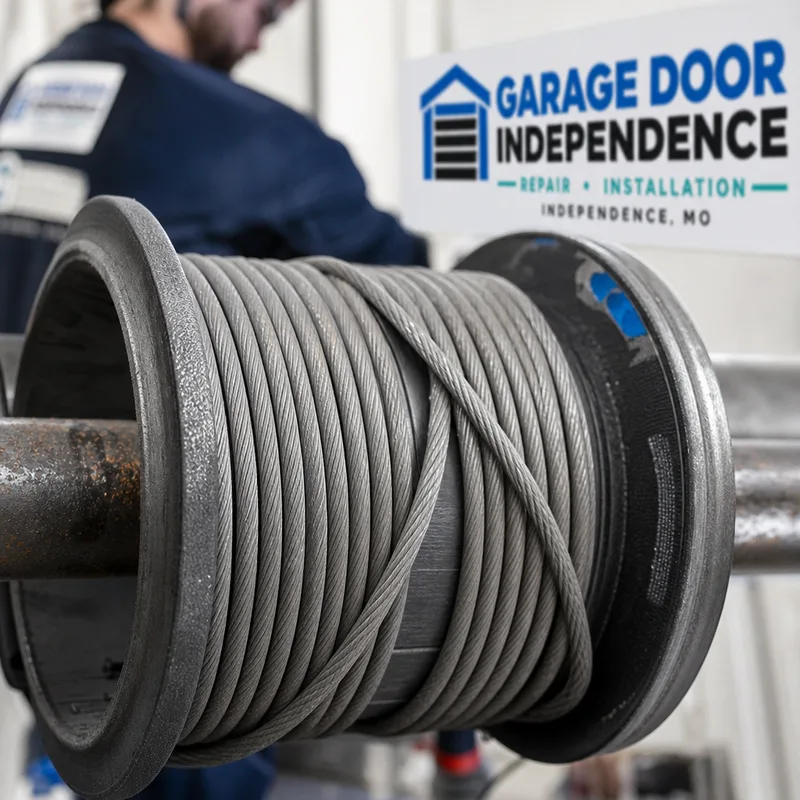 Commercial garage door cable drum with crossed and uneven cable wraps on a torsion shaft