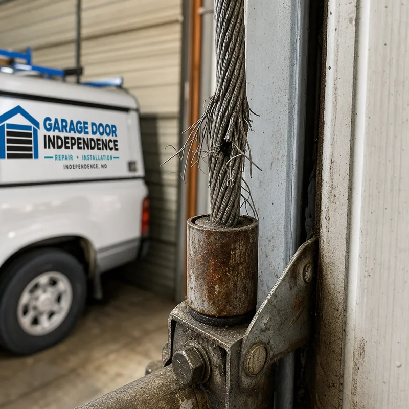 Fraying lift cable near the bottom bracket on a commercial sectional door with broken strands and rust