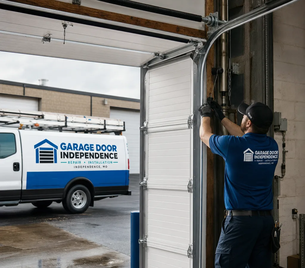 Commercial sectional overhead door at a warehouse bay with visible torsion shaft, lift cables, tracks, and hardware