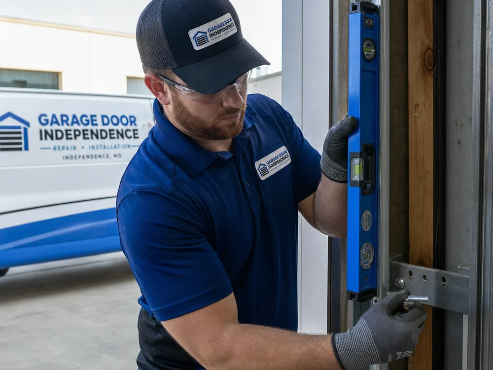 Contractor checking commercial door track plumb and bracket tightness with a level and hand tools
