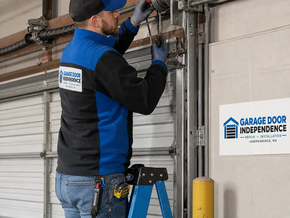 Contractor inspecting lift cables and drums on a secured commercial overhead door with the operator disengaged