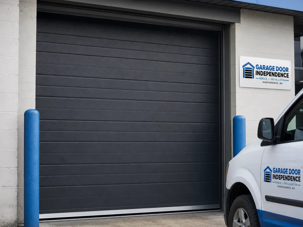 Commercial sectional overhead door closing evenly in its tracks at a loading bay with straight bottom seal contact