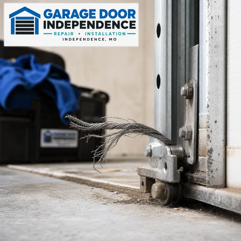 Close-up of frayed garage door lift cable strands near the bottom bracket