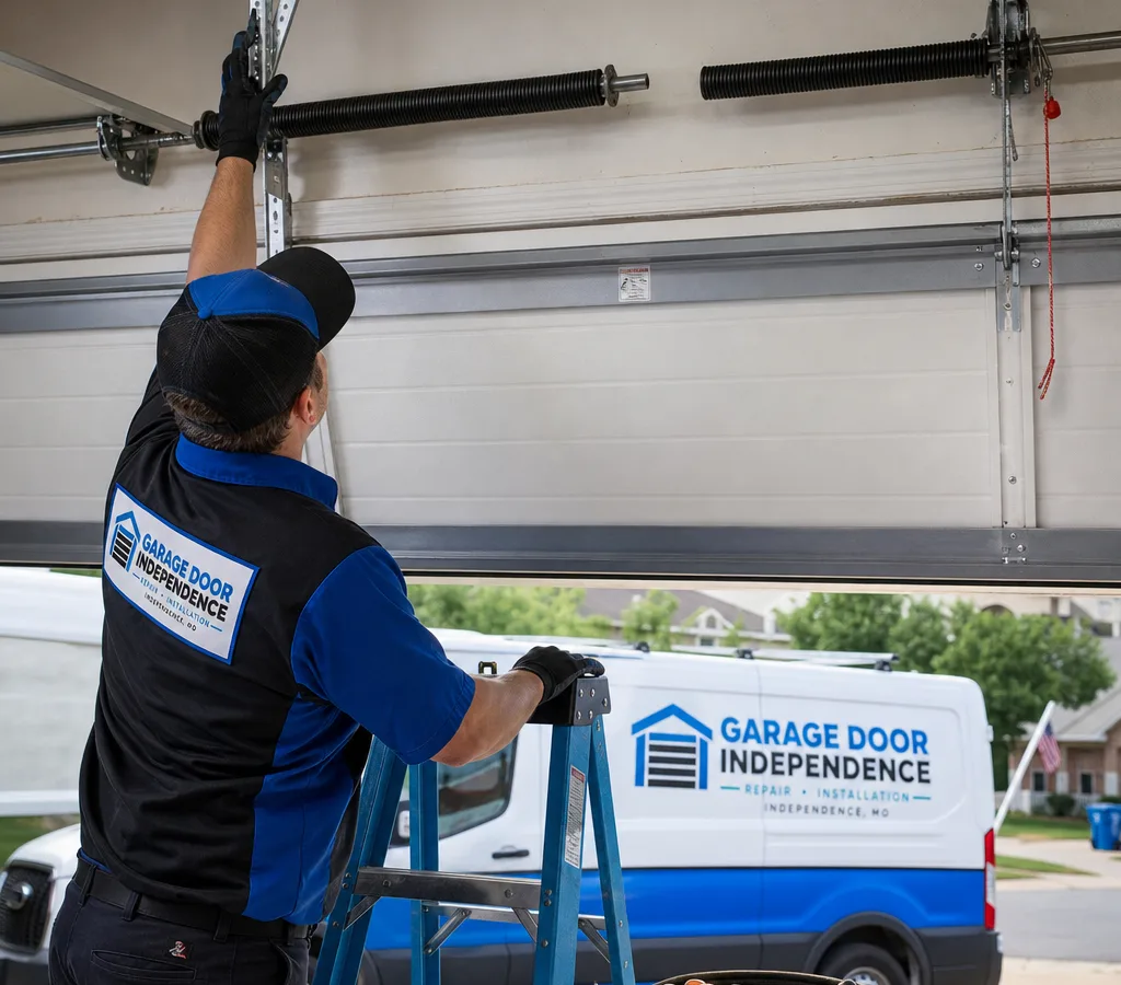Residential sectional garage door with a separated torsion spring above the door prepared for service