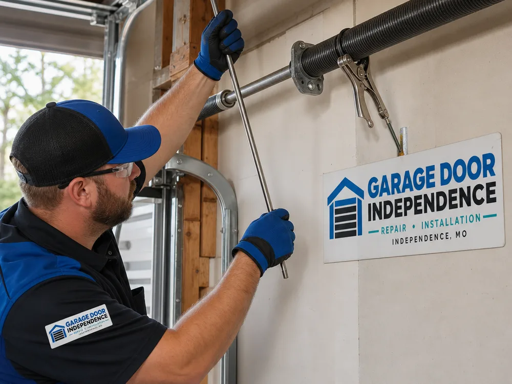 Contractor using winding bars to unload tension from a torsion spring secured with vice grips