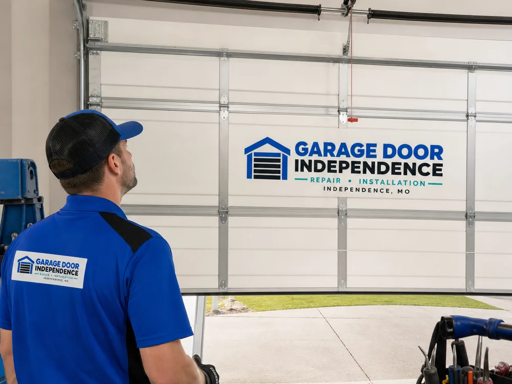 Residential garage door balanced at mid-height with the opener disconnected after spring service