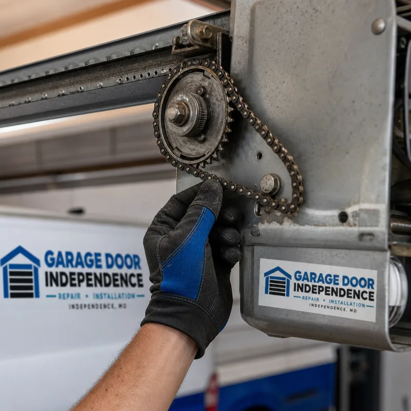 Close-up of a chain-drive garage door opener sprocket and chain tension at the motor head