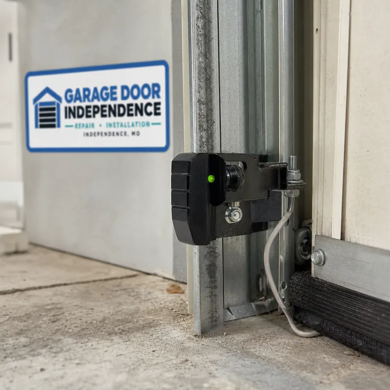 Close-up of aligned garage door safety sensors near the bottom of the track
