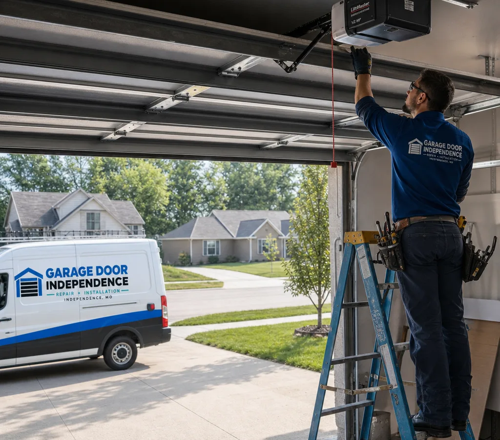 Residential garage door partially open with the opener rail and trolley visible overhead