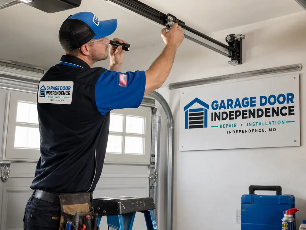 Contractor inspecting a garage door opener rail, sprocket, and safety sensor alignment