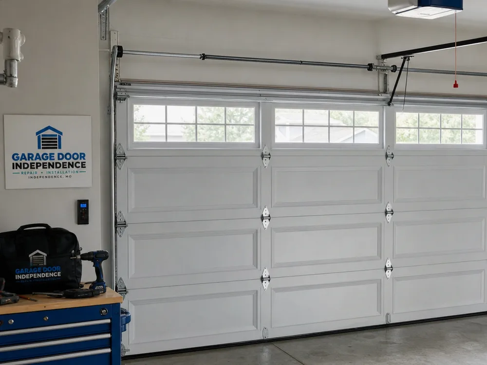 Finished residential garage door installation with a sectional steel door and properly installed opener rail