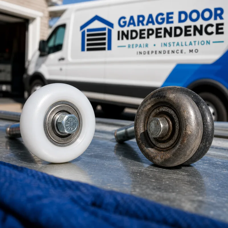 New nylon garage door roller with sealed bearings beside an older worn roller